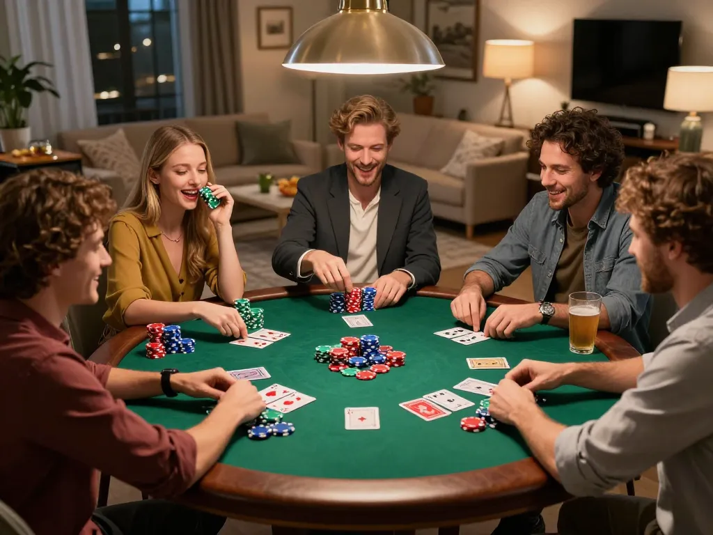 Friends enjoying a poker night, showcasing 123b gameplay with vibrant chips and cards.