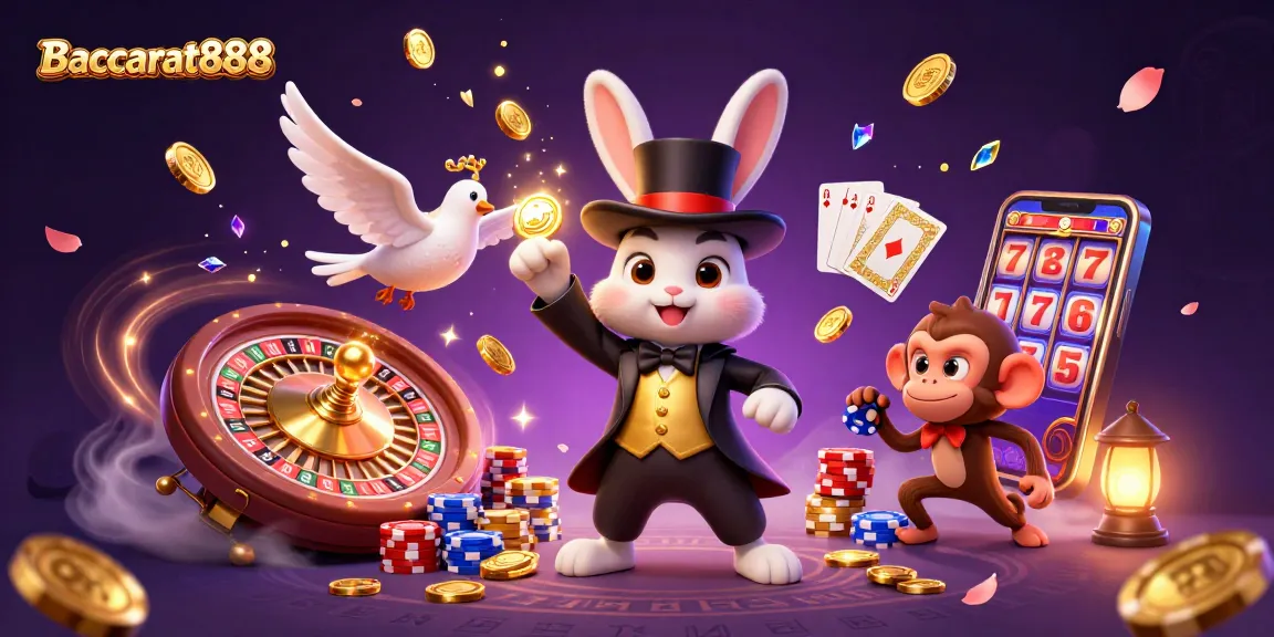 Play Baccarat888 with a magical scene featuring a rabbit, dove, and monkey amidst flying coins and cards