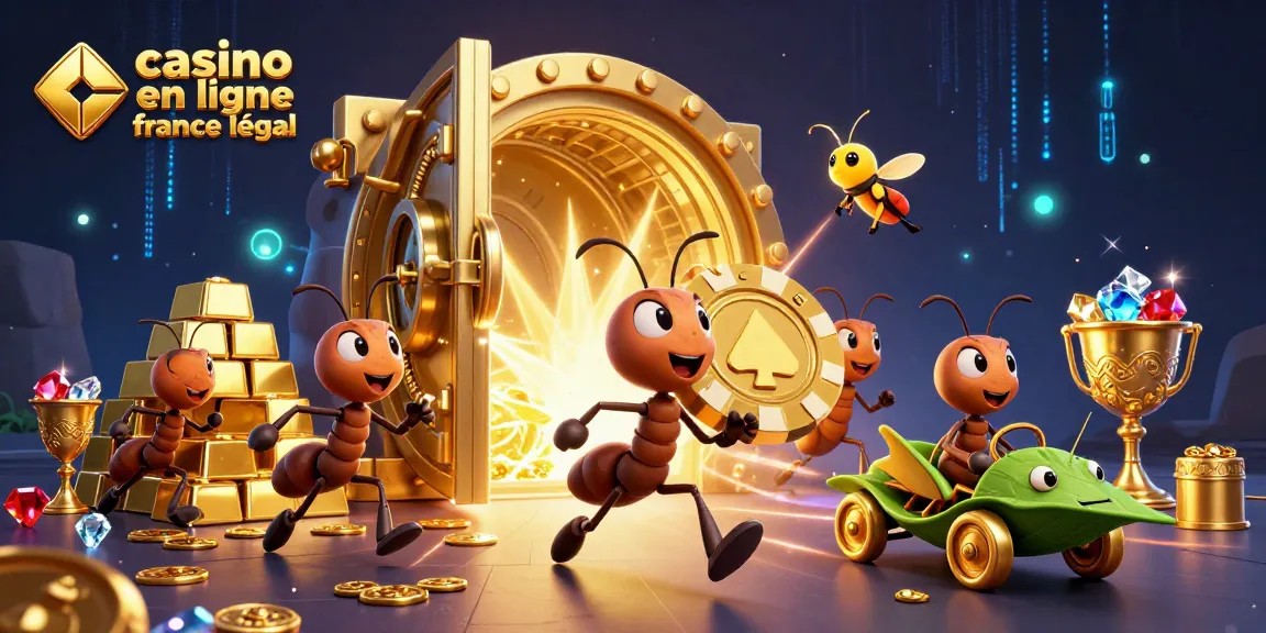 La scène dynamique montre une équipe d'ants transportant des jetons de poker dans un tunnel, illustrant le casino en ligne France légal.
