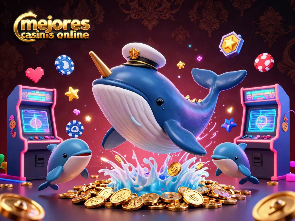 Ilustración 3D colorida mostrando "mejores casinos online españa" con ballena y personajes de juego en acción y monedas doradas.