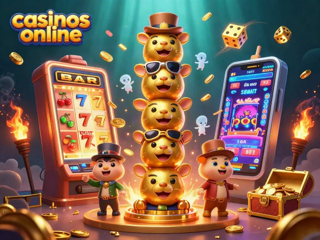 Gira y gana en casinos online con una explosión de símbolos de slots y un tótem animado.