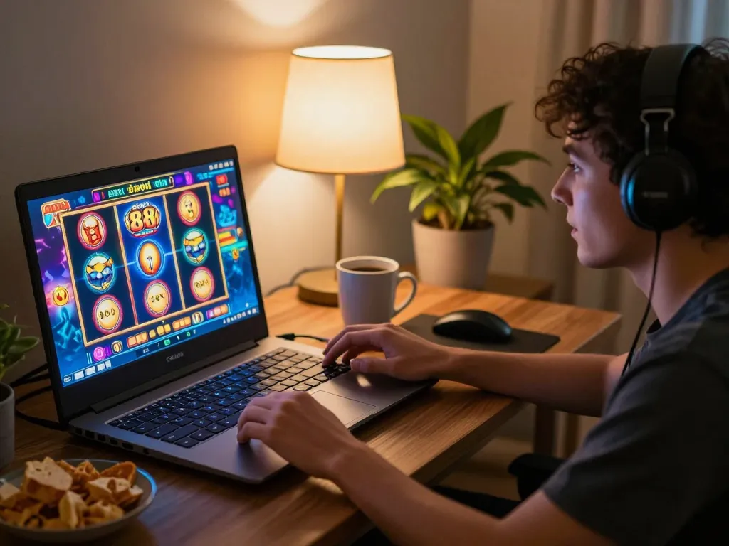 Playing สล็อต888 online with excitement during a home gaming session