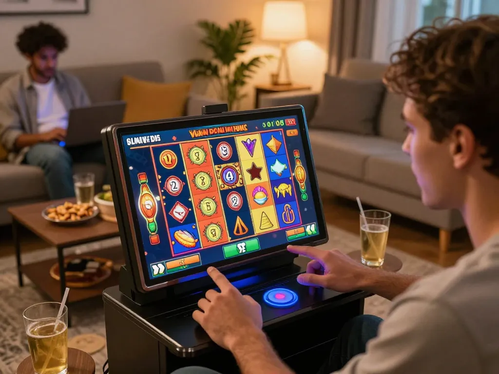 Players immersing in an exciting mau777 online slot experience on mobile while enjoying snacks.