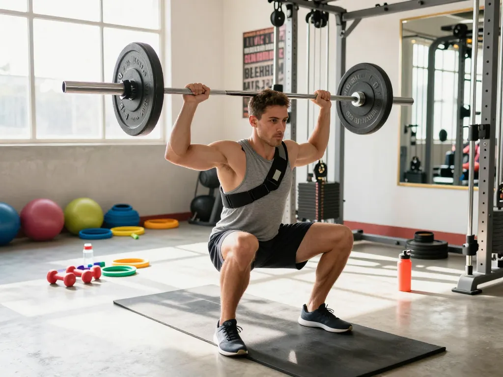 Dynamic fitness scene showing an athlete using a shoulder brace for weightlifting during a workout session.