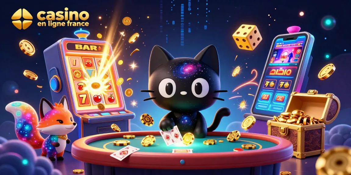 Casino en ligne France : le chat noir magique attire les jetons dorés et les cartes dans une scène cosmique de jeux.