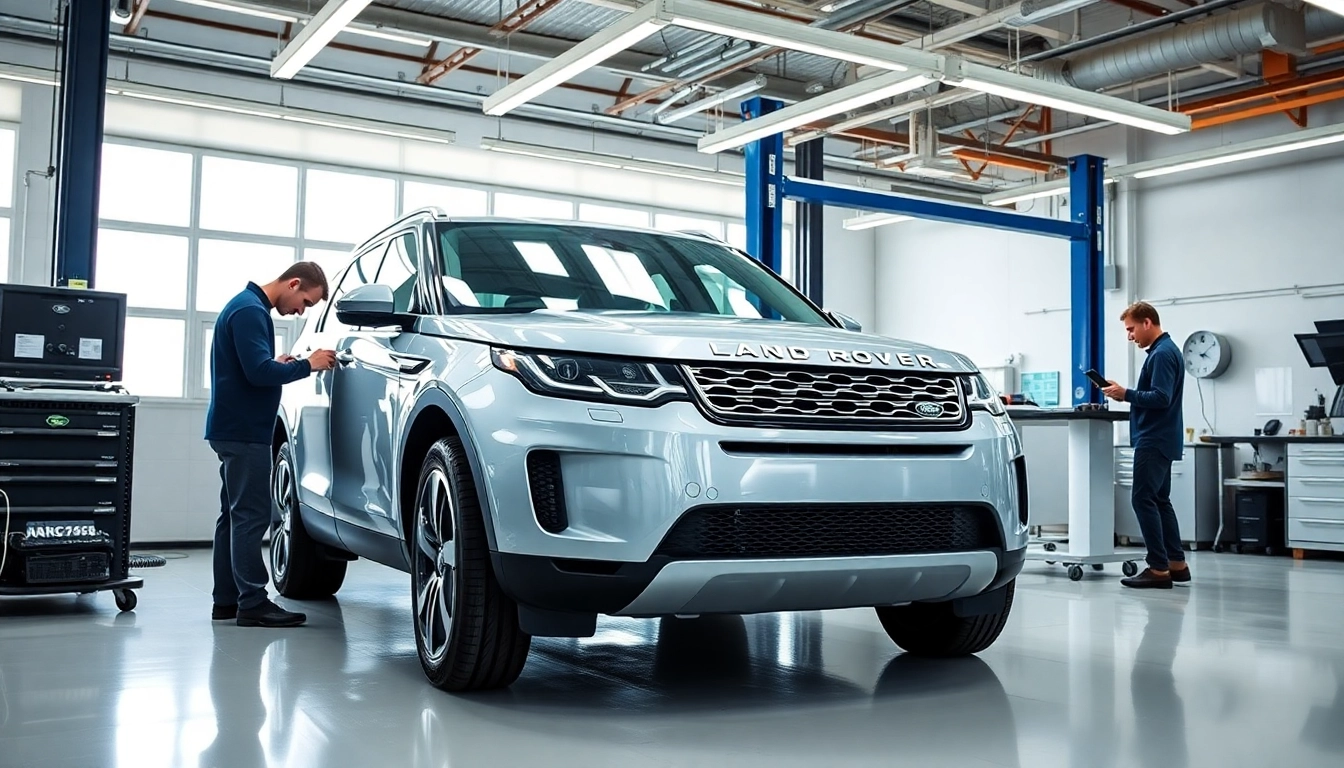 Technicians providing expert Land Rover Service in a modern workshop setting.