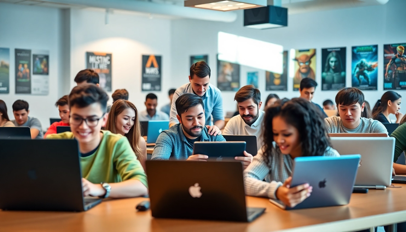 Students engaged in the latest gaming courses, learning game development techniques.