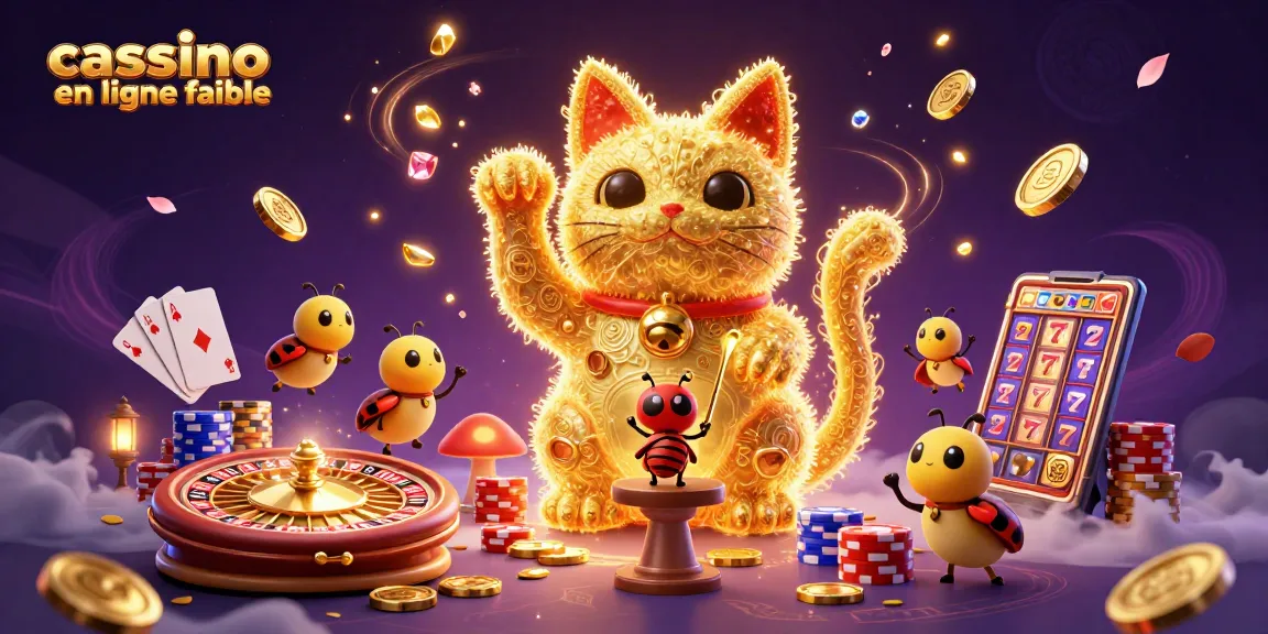 Le casino en ligne fiable avec un chat porte-bonheur animé entouré de pièces d'or et de jeux de casino.