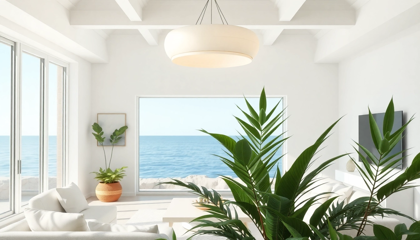 Illuminating island light enhances the serene ambiance of a coastal living room.