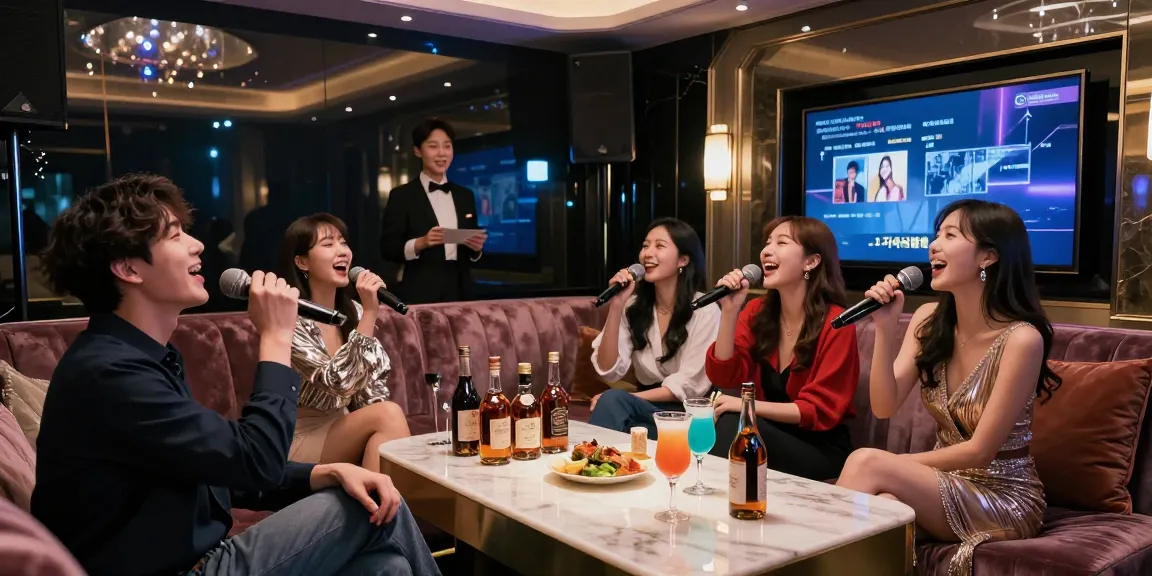 Experience of 강남 가라오케 with friends enjoying singing and premium drinks in a luxurious private room.