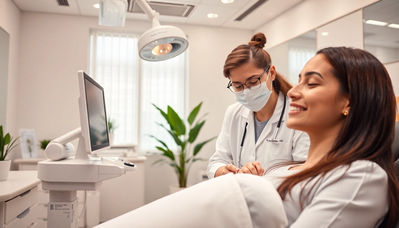 Aesthetic treatments performed in a tranquil clinical setting with a skilled practitioner and happy patient.