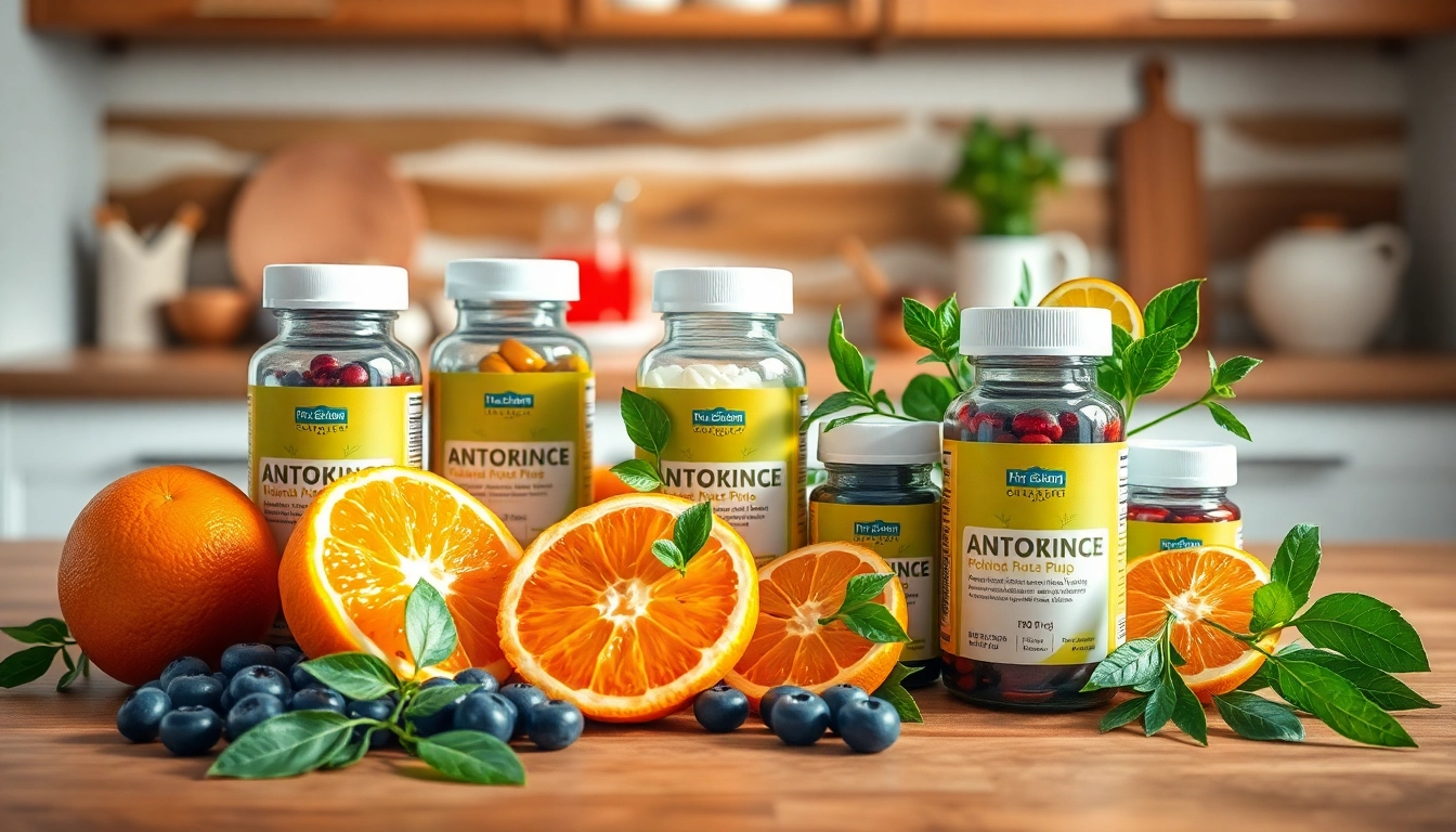 Enhance wellness with a natural antioxidant supplement displayed with vibrant fruits and herbs.