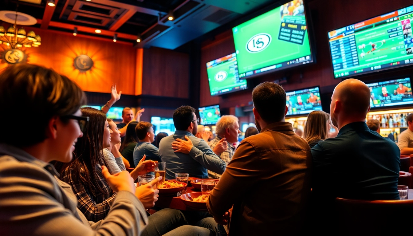 Engaging scene showcasing sportsbooks in Alabama with fans celebrating sports betting at a lively bar.