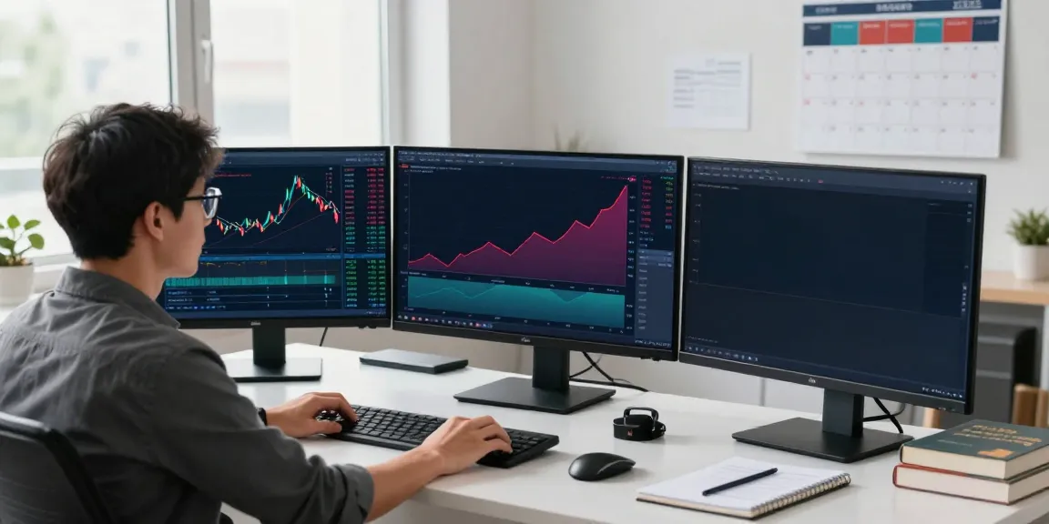 Trader using MetaTrader 5 in a modern office setting with multiple monitors and charts.