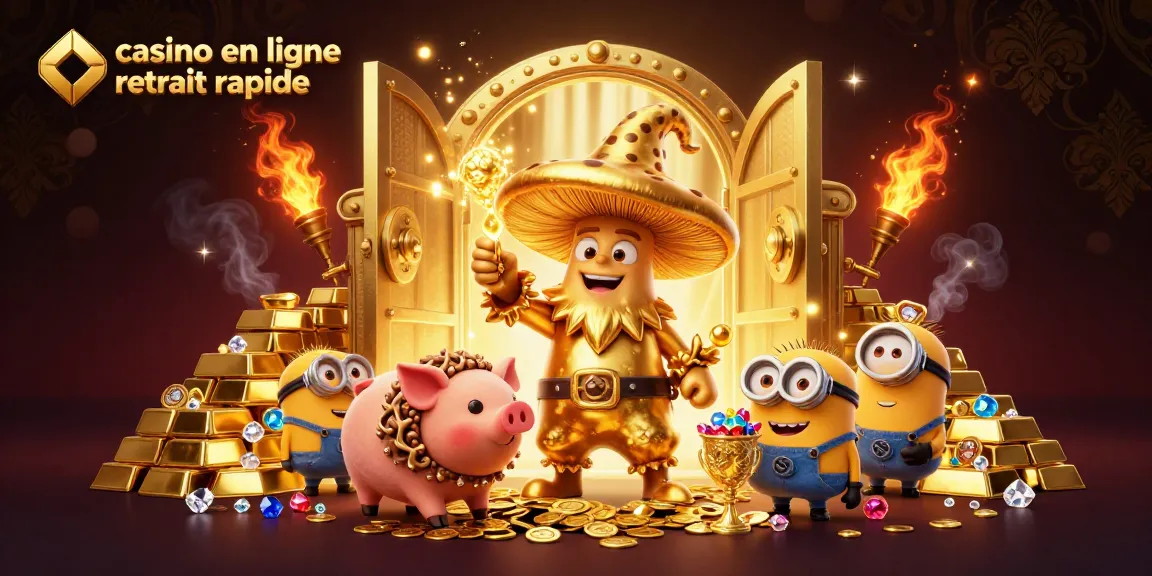Cette illustration dynamique représente l'univers du casino en ligne avec un retrait rapide, mettant en scène un sorcier en or entouré de richesses.