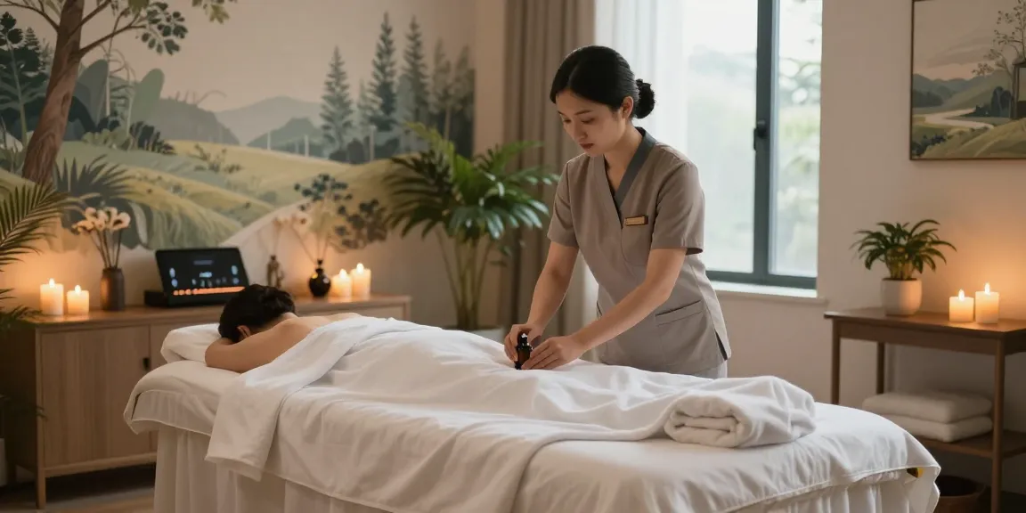 Relaxing 구로마사지 therapy scene with essential oils and soft lighting in a luxurious wellness center.