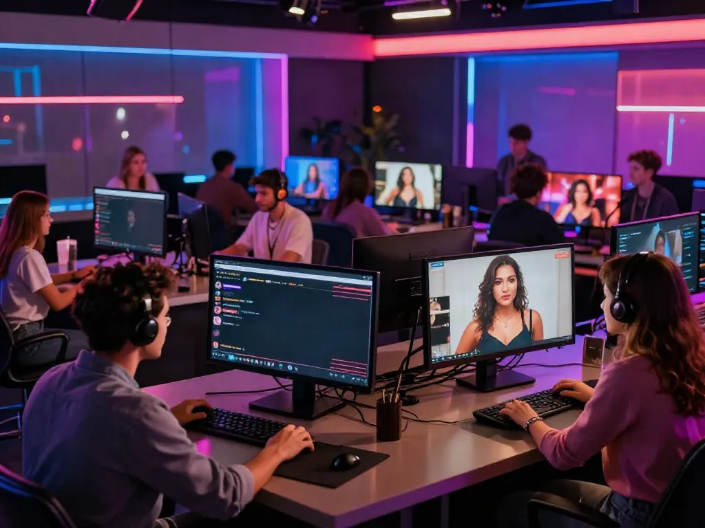Interactive live porn chat environment with diverse performers engaging viewers.