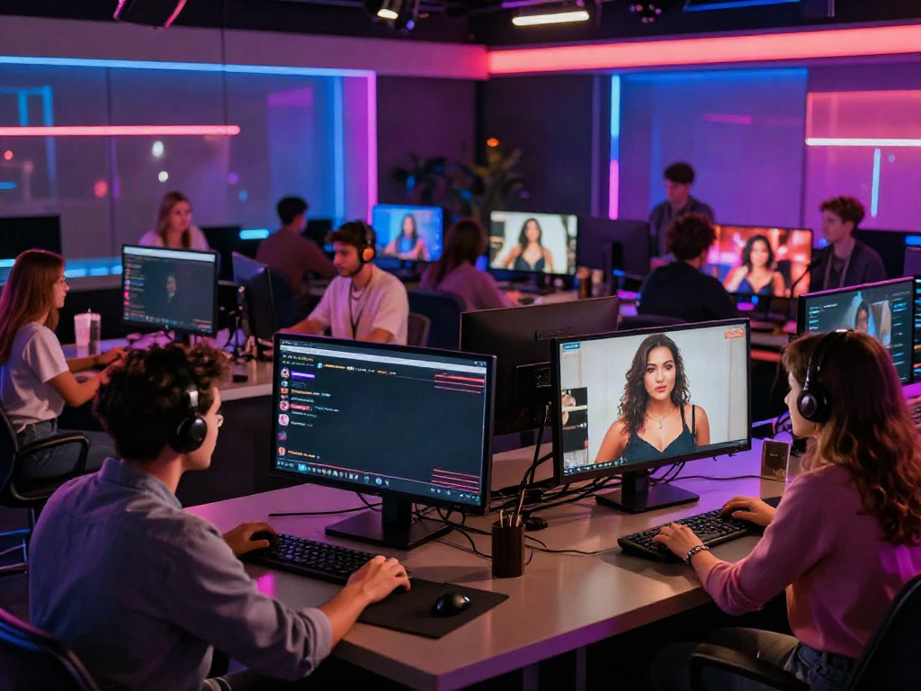 Interactive live porn chat environment with diverse performers engaging viewers.