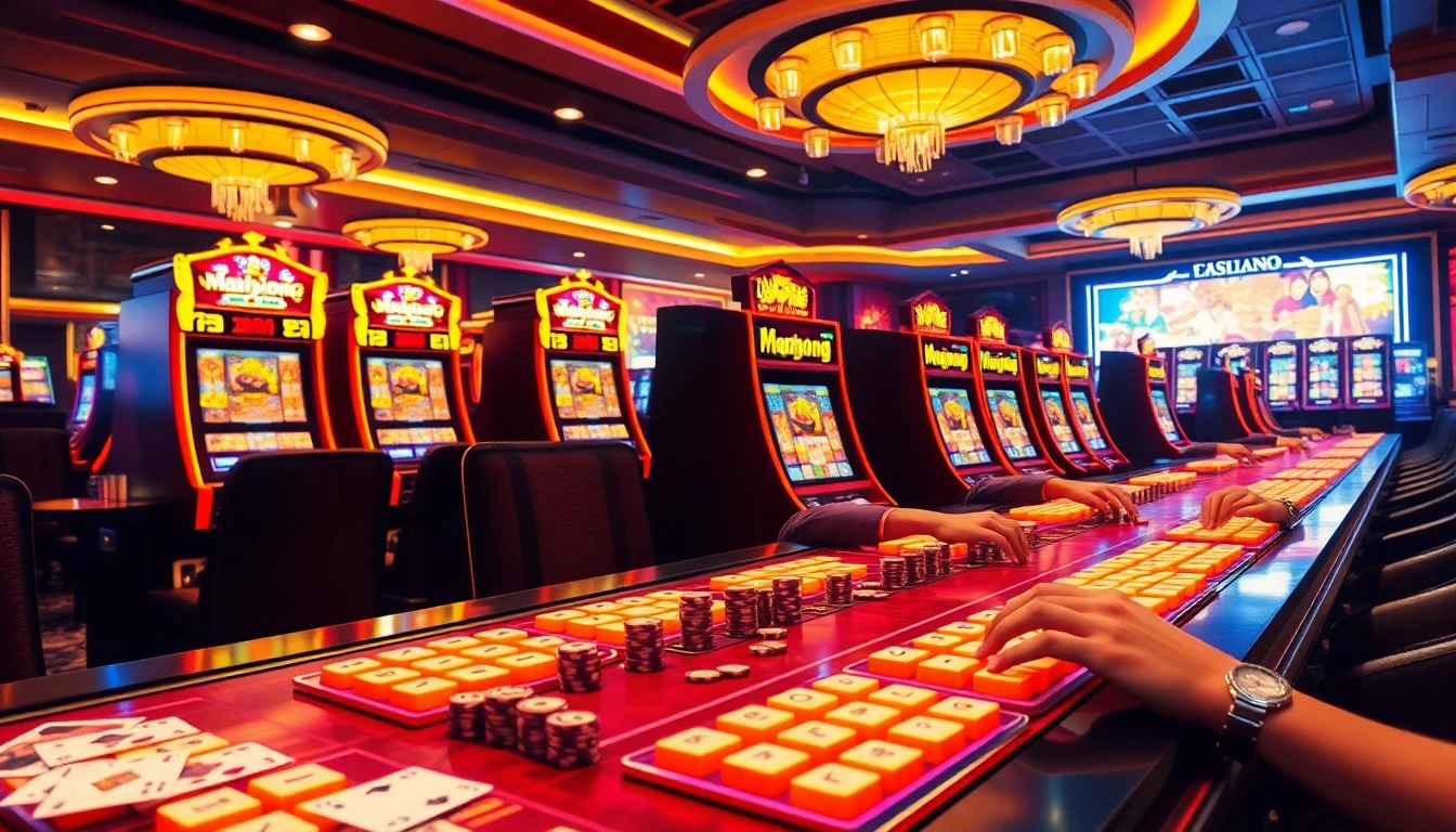 Experience thrilling Mahjong slot demo gameplay with vibrant machines and players in action.
