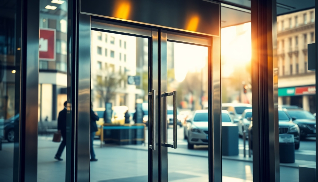 Showcasing stylish Commercial Automatic Doors in a busy urban setting for business accessibility.