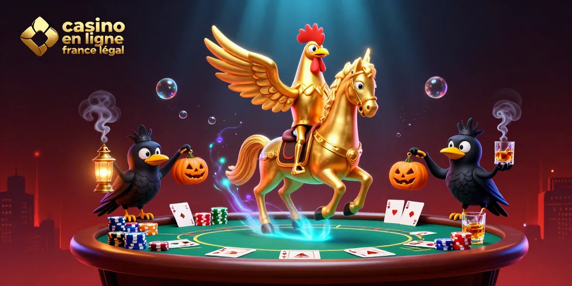 Illustration captivante d'un casino en ligne France légal avec un coq doré et des éléments de poker.