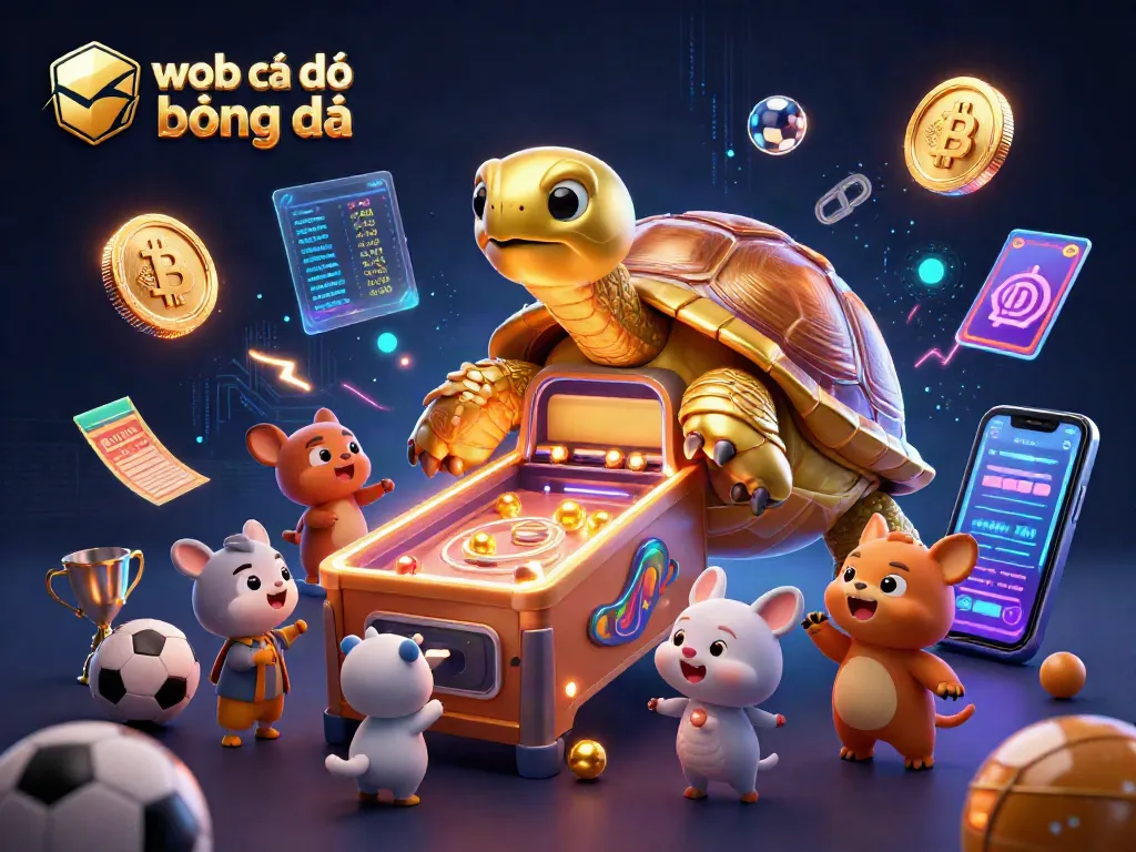 Trang web cá độ bóng đá với hình ảnh rùa vàng khổng lồ và các yếu tố bóng thể thao thú vị.