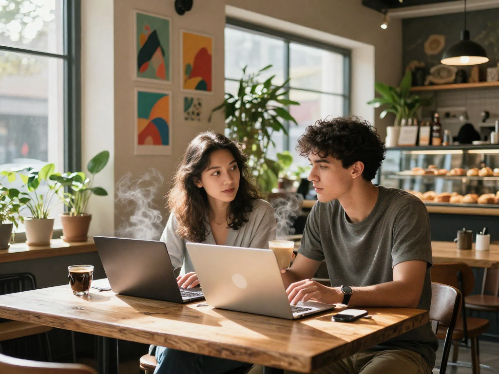 Couple enjoying a productive day at the café, engaging as they crush on collaborative creativity.