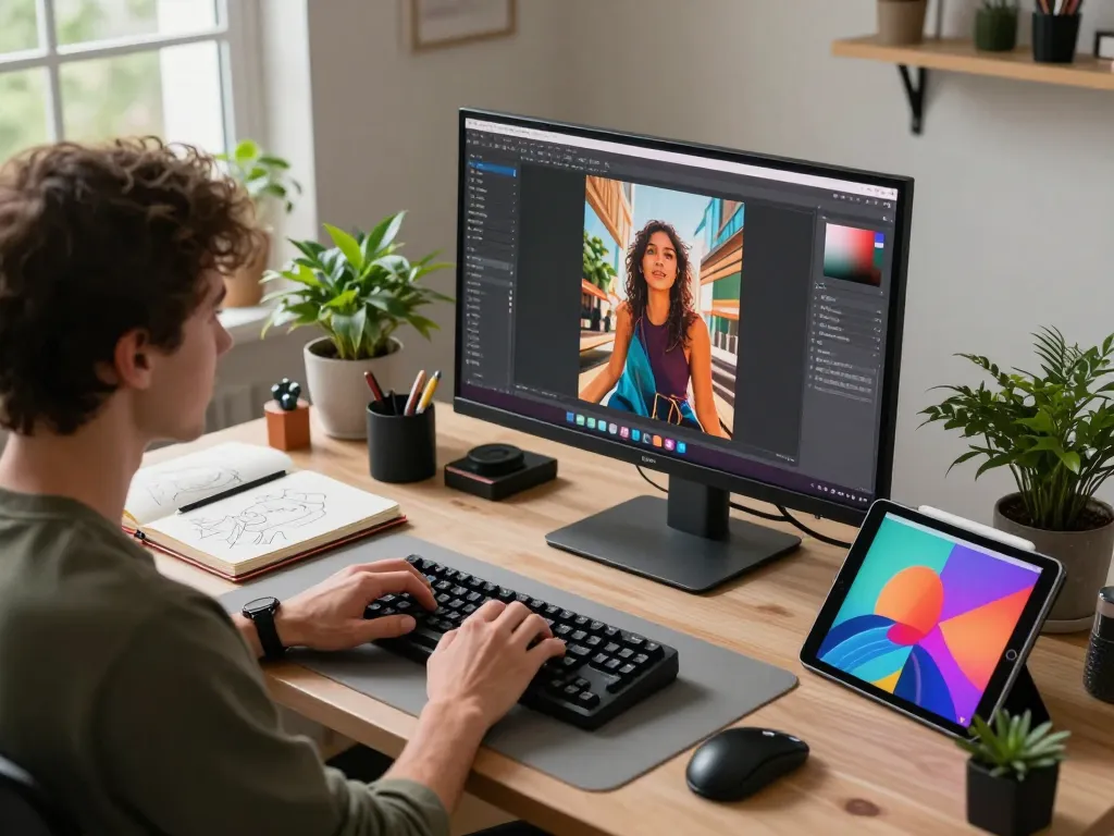 Creative workspace featuring a user engaged with an image to prompt generator, surrounded by tech tools and natural light.