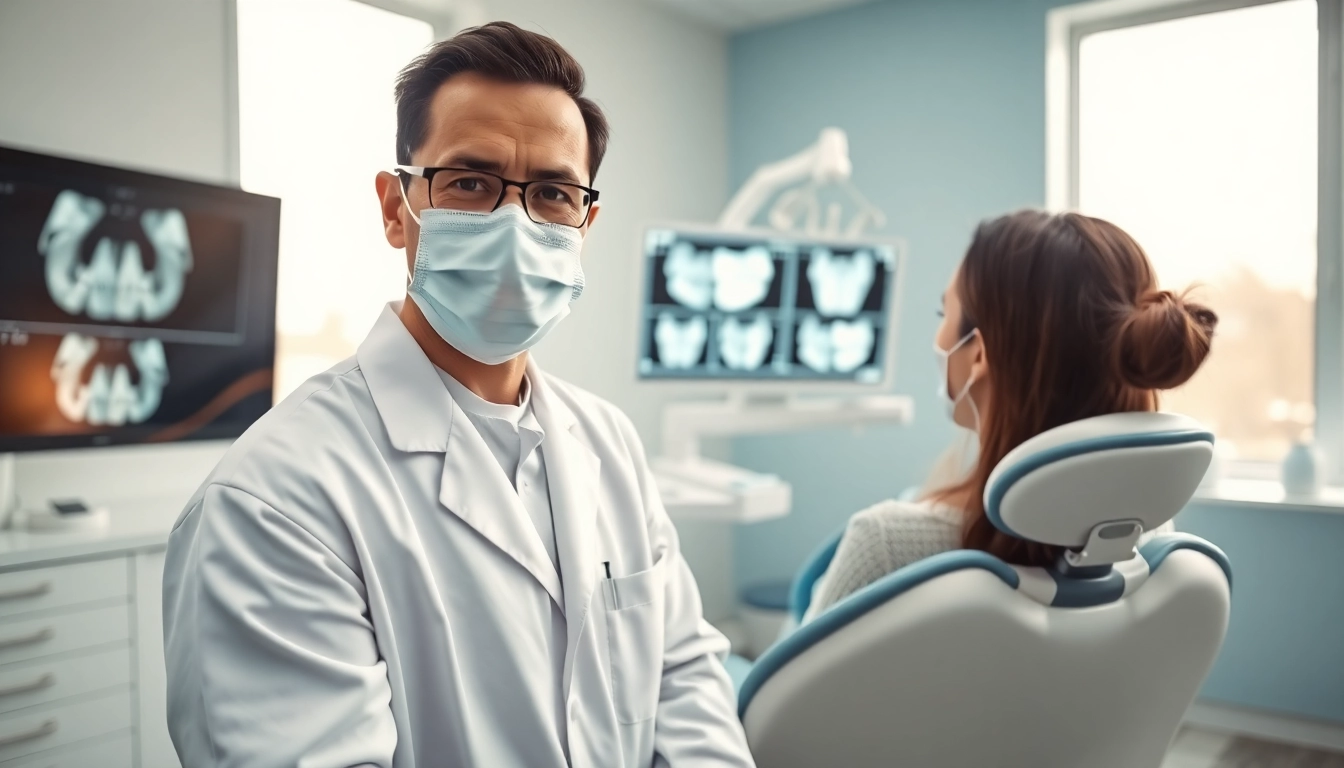 Dentist examining a patient's teeth in a modern dental clinic.