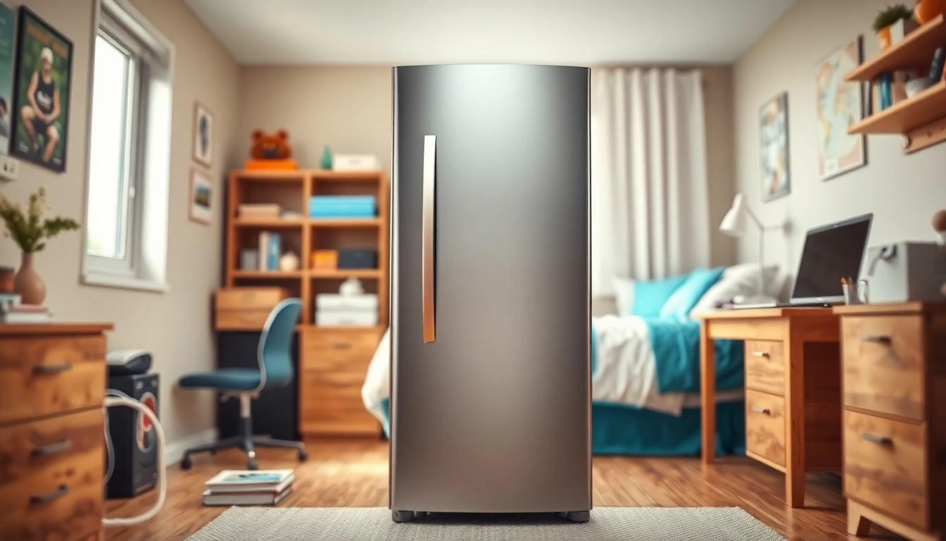 A dorm room fridge organized with snacks and drinks showcases a student-friendly living environment.
