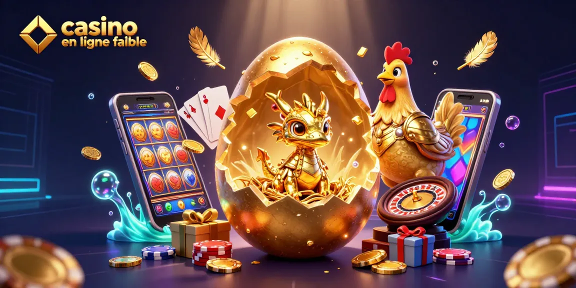 Visualisez un bébé dragon en or pur dans un casino en ligne fiable entouré de jetons et de jeux bonus.