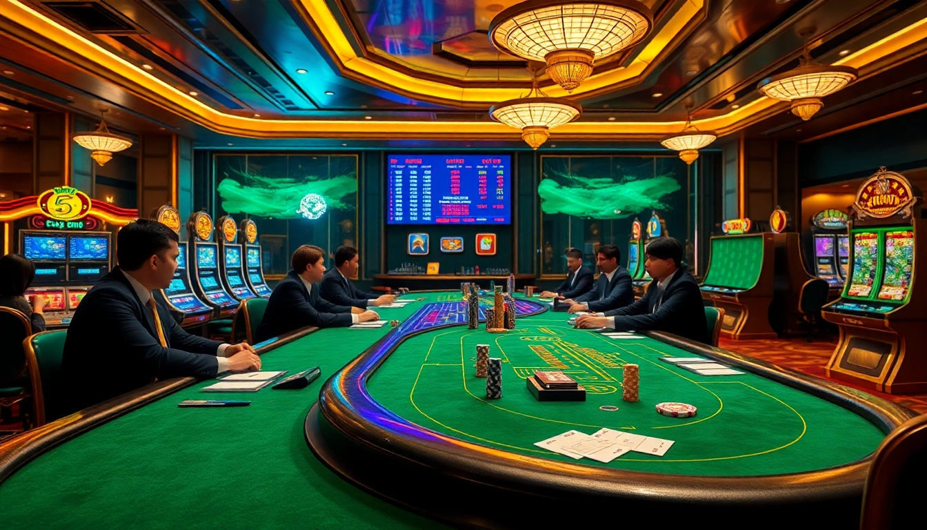 Engaged players at a luxurious casino highlighting vua99 nhà cái uy tín with vibrant tables and betting slips.