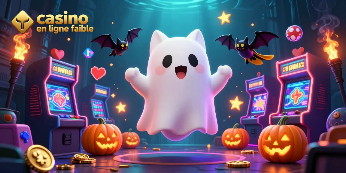Illustration d'un casino en ligne fiable avec un chat fantôme et des éléments de jeu animés.