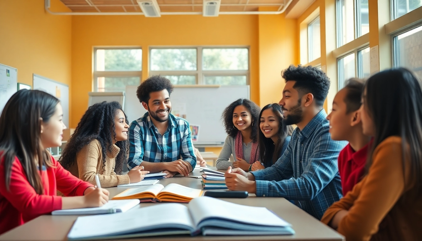 Engaging education scene with diverse students collaborating in a vibrant classroom.