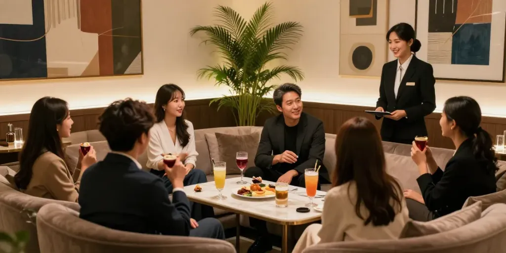 강남 구구단 내에서 친구들이 즐거운 시간을 보내고 있는 고급스럽고 아늑한 라운지의 모습