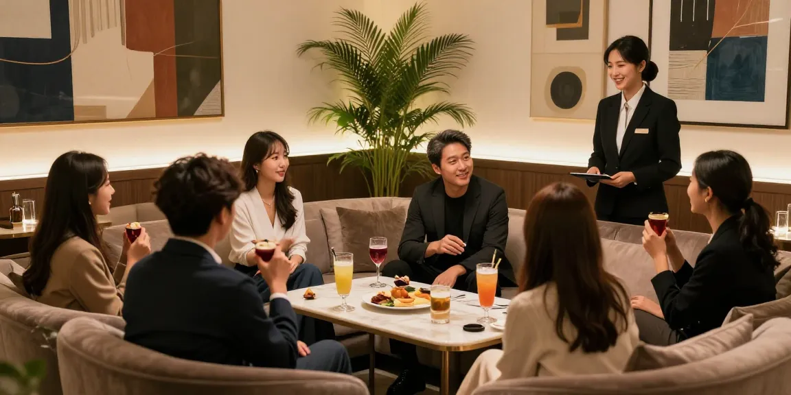 강남 구구단 내에서 친구들이 즐거운 시간을 보내고 있는 고급스럽고 아늑한 라운지의 모습
