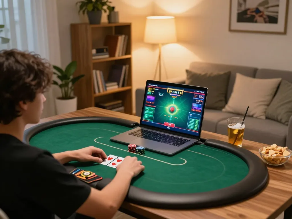 Enjoying an online poker game at home with kubet platform on a laptop, surrounded by snacks and cozy decor.