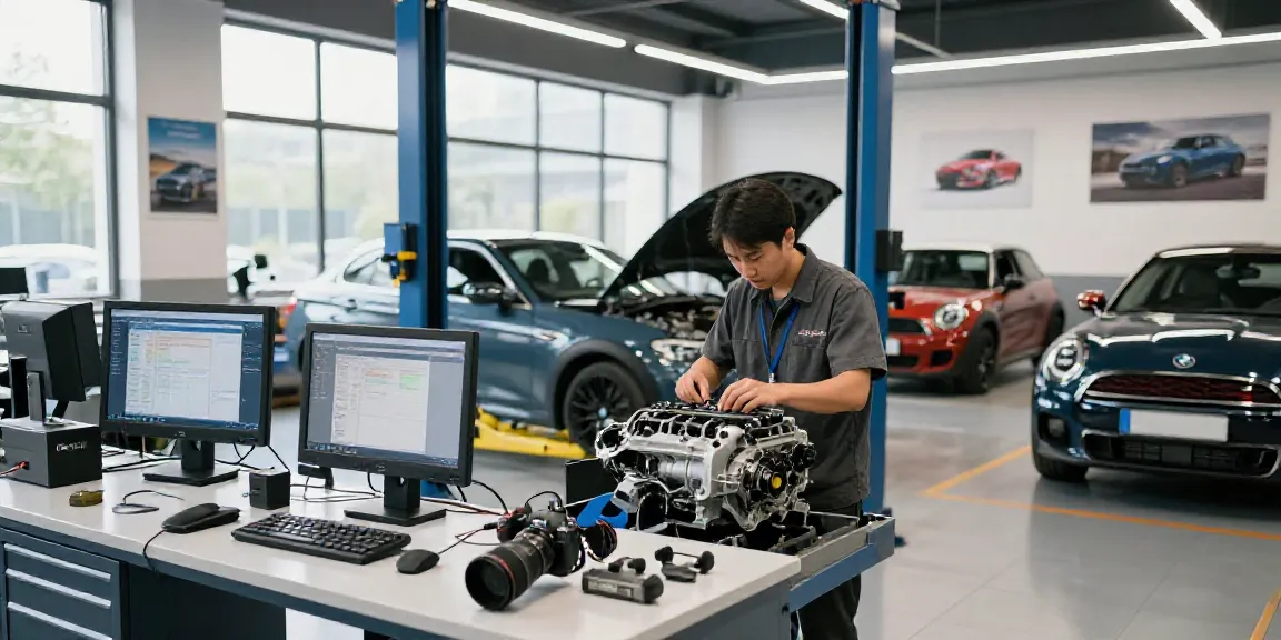 Expert technician at bmw werkstatt hannover inspecting engine repair.