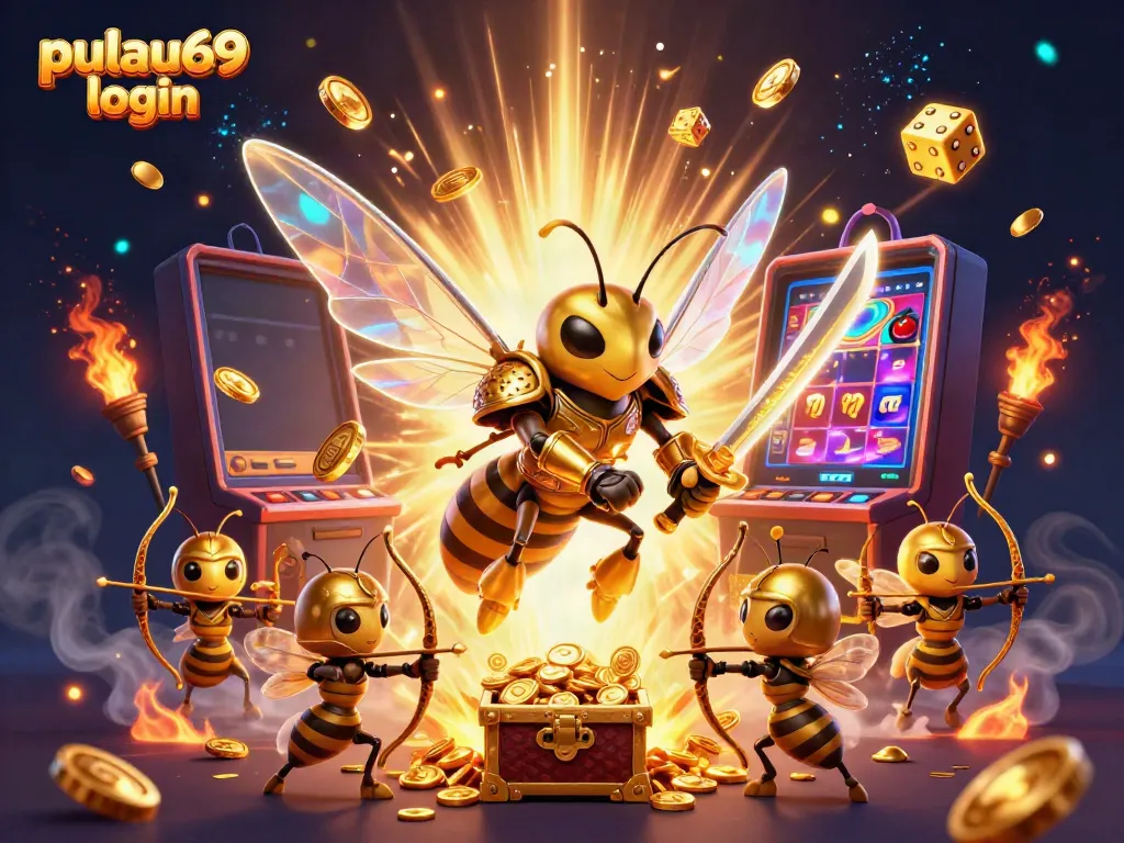 Engage with pulau69 login at this vibrant casino scene featuring golden hornet warriors, exciting slot symbols, and jackpot delights.