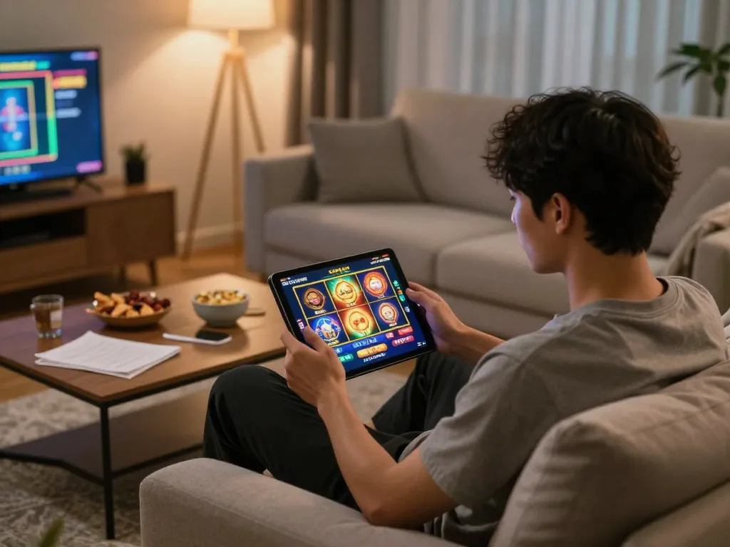 Menikmati permainan slot gacor yang dinamis di tablet dalam suasana rumah yang nyaman dengan catatan dan camilan.