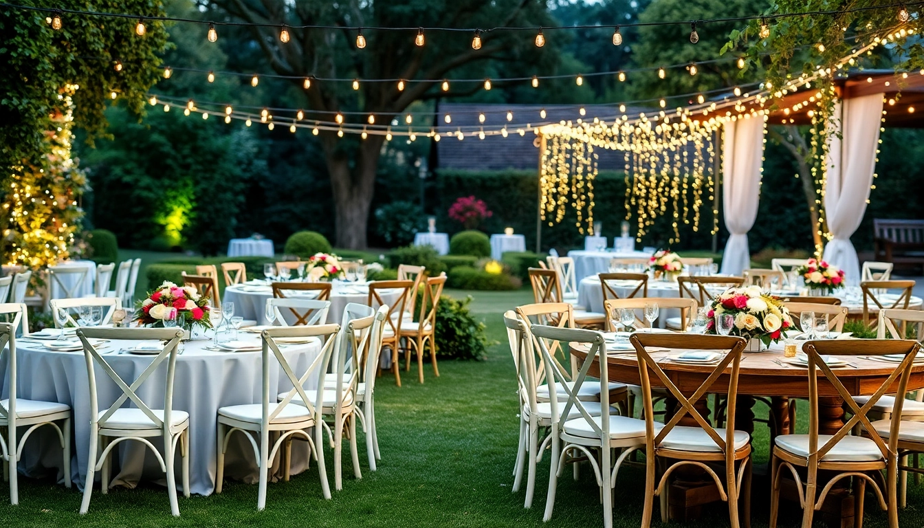 Stylish table & chair rentals set beautifully for an outdoor event in a garden setting.
