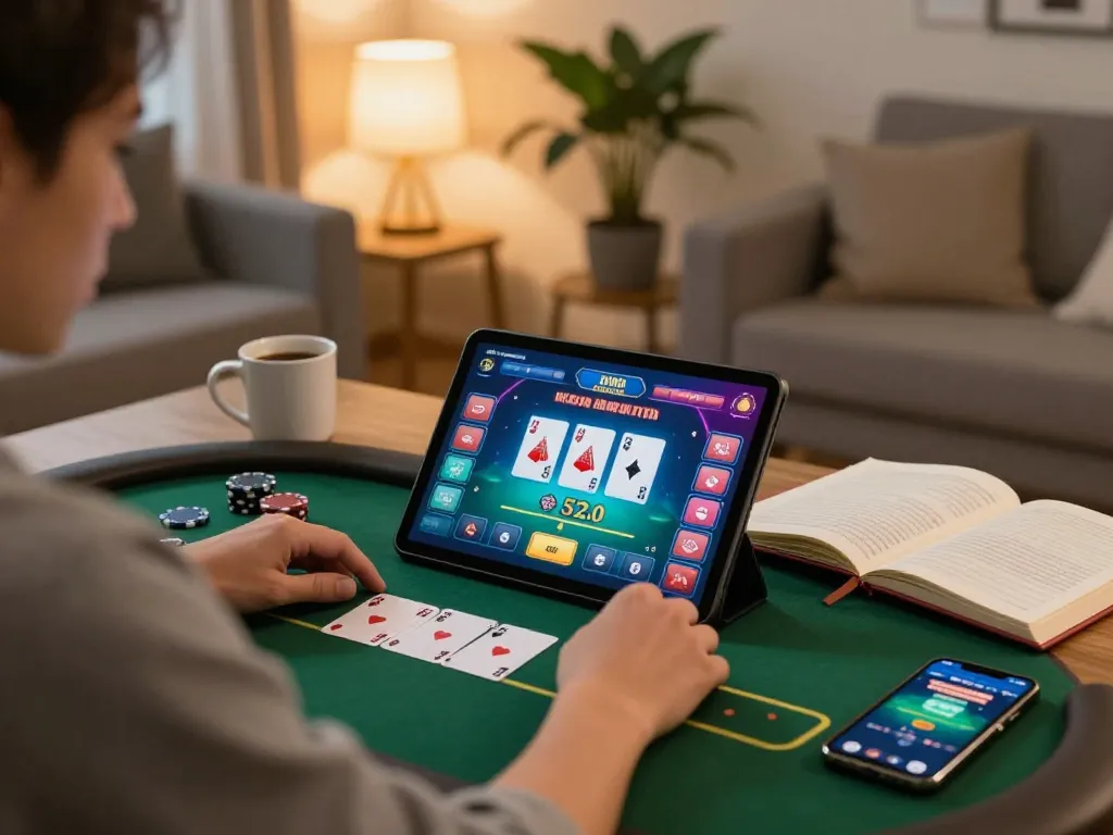 Engaging in online poker at trang chủ SHBET with a tablet and strategy notes in a cozy home setting.
