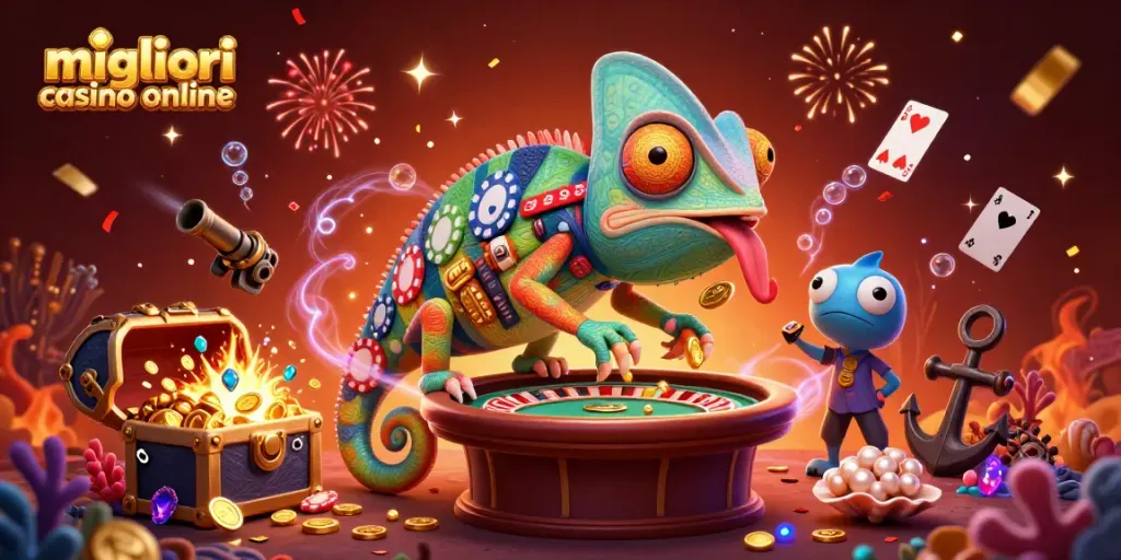 I migliori casino online presentano un camaleonte che attira monete d'oro tra giochi e festeggiamenti.