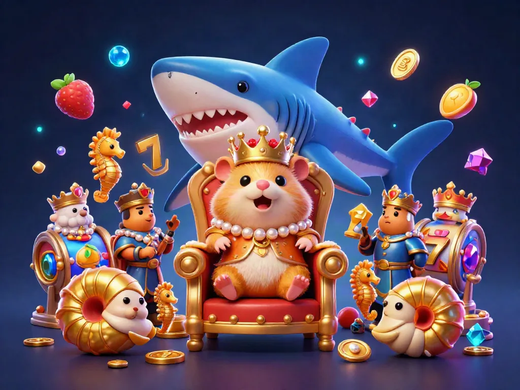 Slot gacor menghadirkan Raja Hamster Emas di depan mesin slot berkilauan yang bersinar.