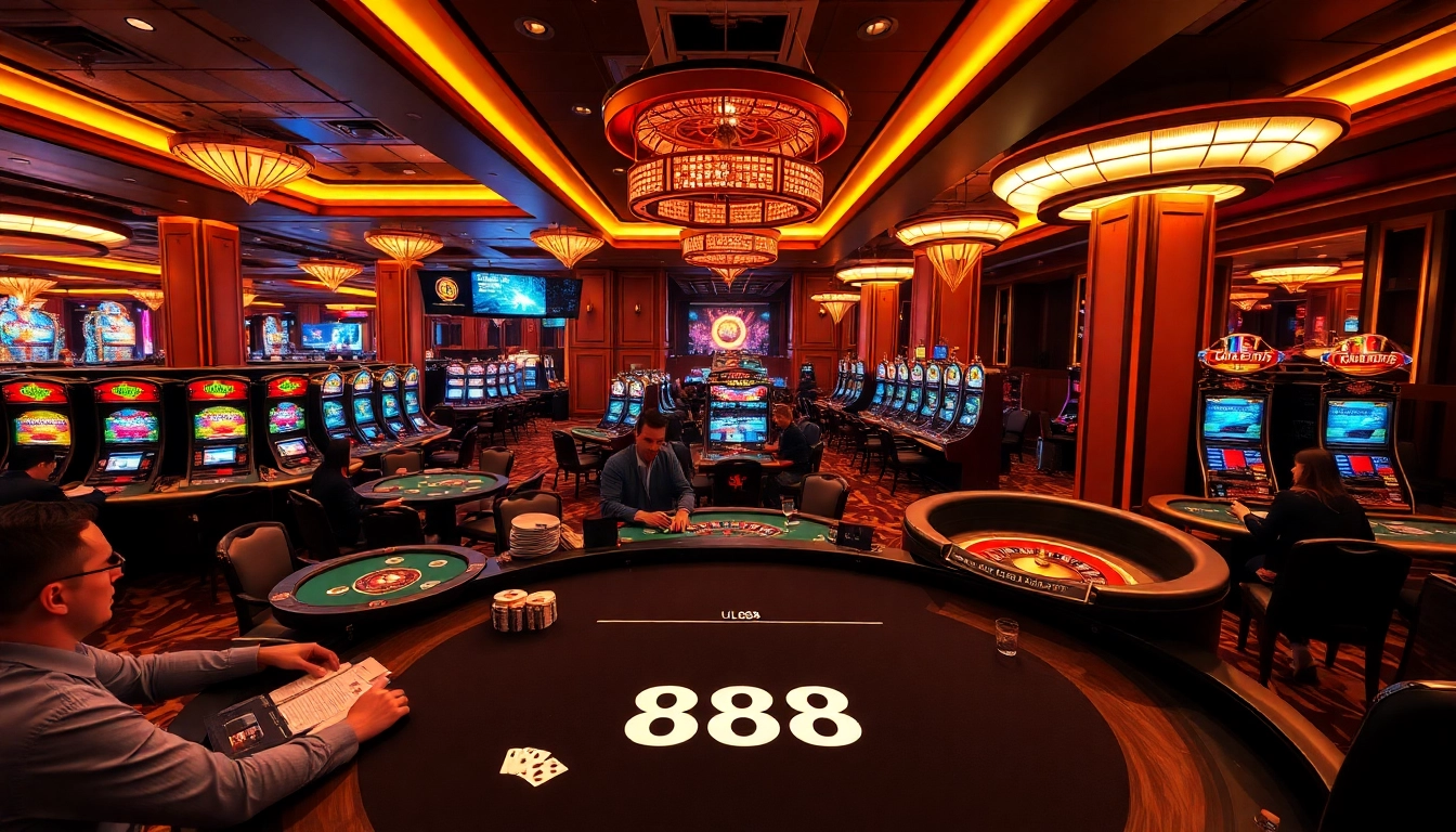 Players enjoying U88 gaming at a luxurious casino table with vibrant decor and lively atmosphere.