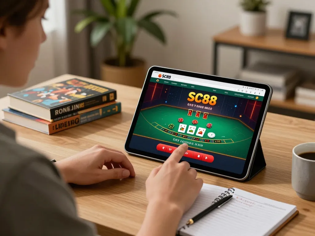 Player immersed in SC88 app, enjoying live dealer blackjack from home.