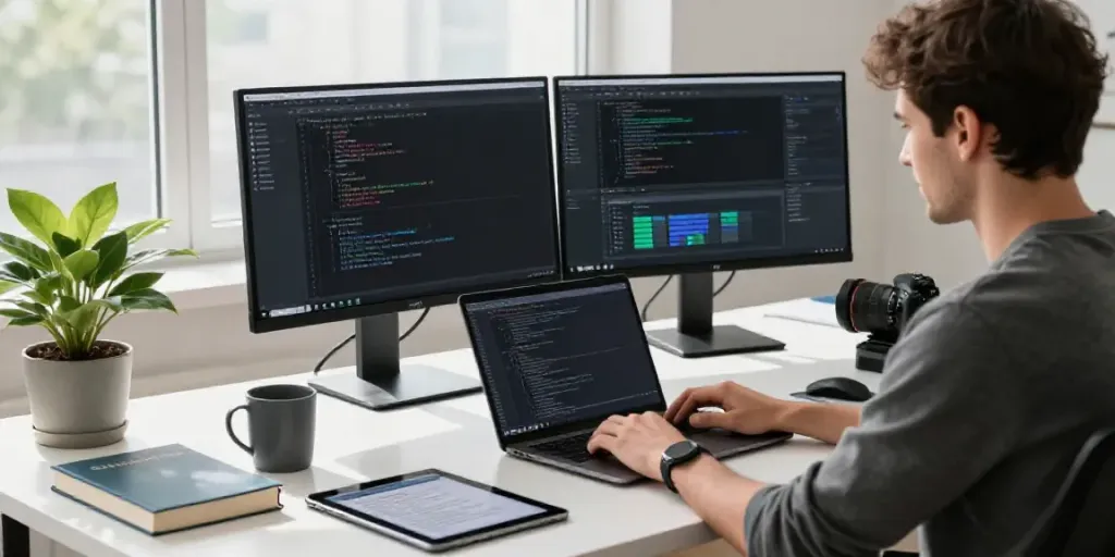 Developer using brave浏览器 in a modern tech workspace with dual monitors, coding environment.