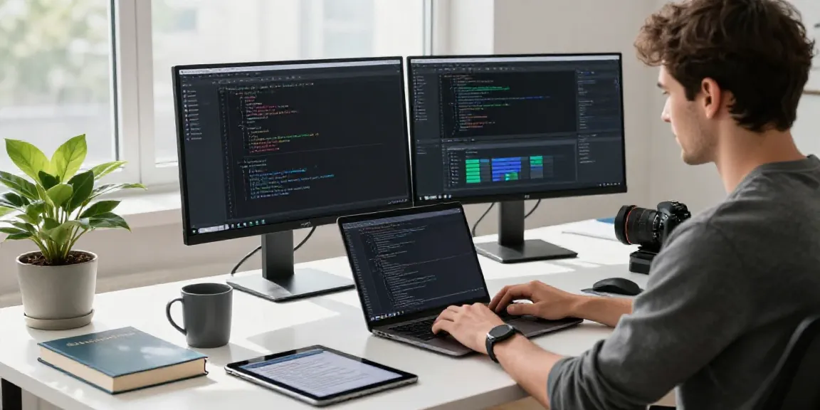 Developer using brave浏览器 in a modern tech workspace with dual monitors, coding environment.