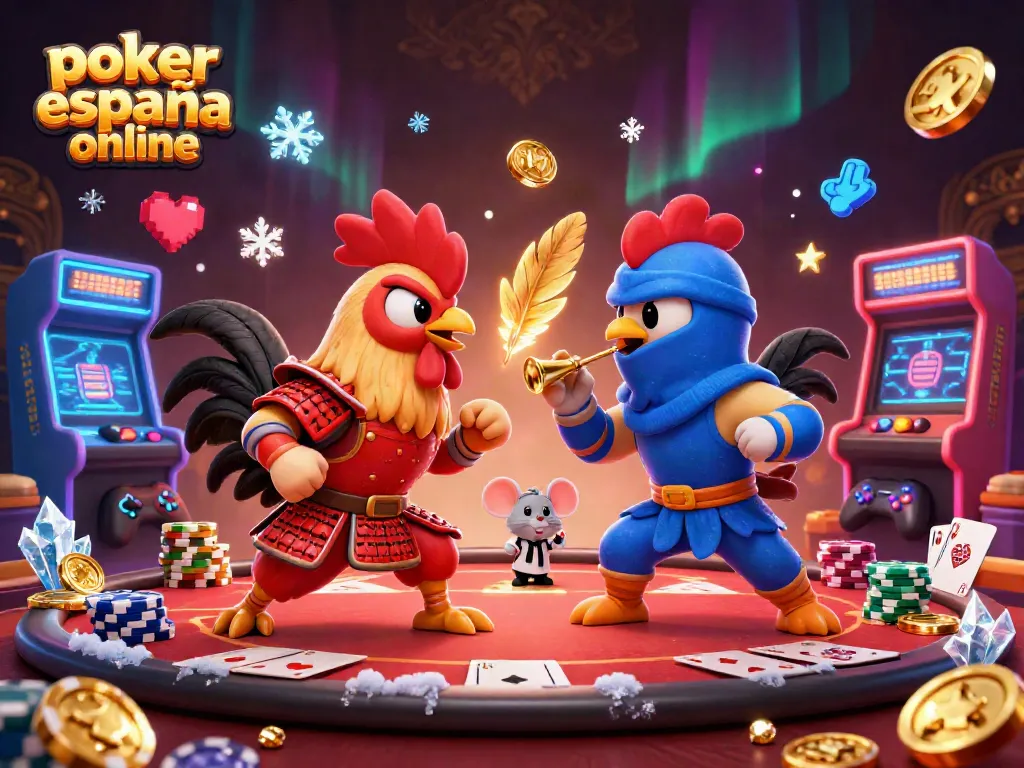 Juega al poker españa online en una emocionante mesa rodeada de colores y animación dinámica.
