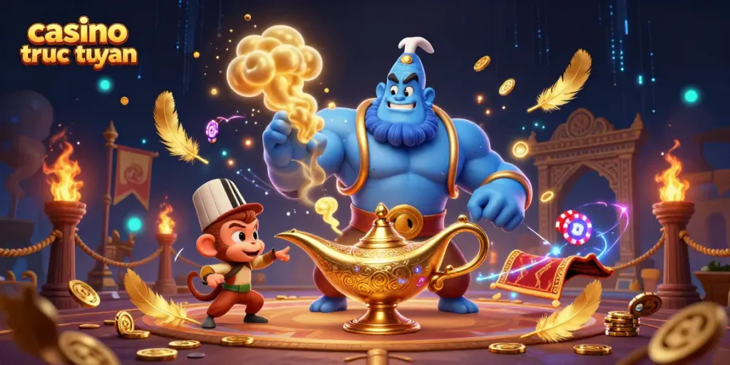 Chơi casino truc tuyen với hình ảnh sinh động của thần đèn và chú khỉ.